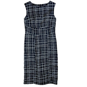 Linen Wiggle Dress Sheath Peplum Lined Mod Op Art Monochrome Windowpane Size 10